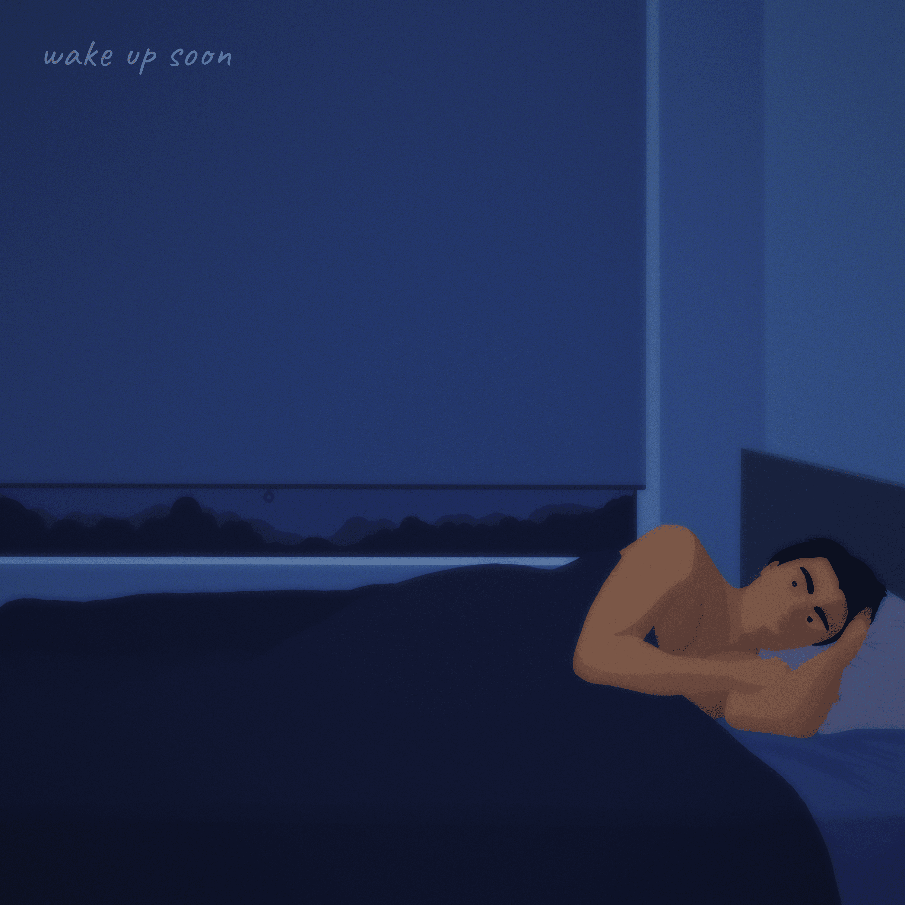 Wake Up Soon cover art — a dim midnight-blue bedroom, figure asleep